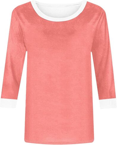 3/4 Sleeve Tops for Women Color Block Casual Summer T-Shirt Cute Crew Neck Cotton T Shirts Comfy Loose Blouse in Saudi Arabia