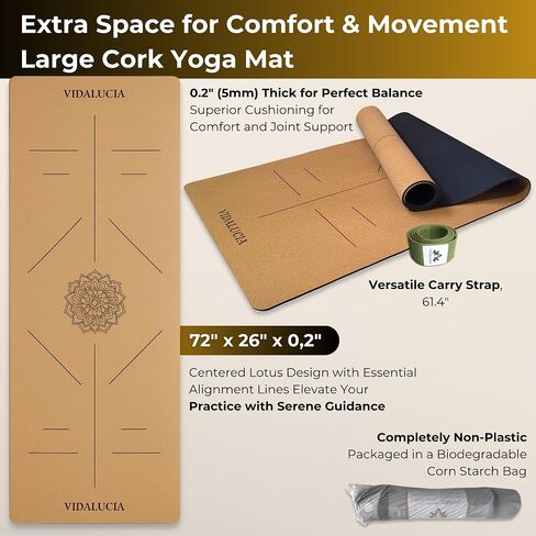 Cork Yoga Mat - 72 "× 26" لا تنحدر من اليوغا مع FSC مع مصدقة من الفلين البرتغالي والقاعدة المطاطية الطبيعية - حصيرة ساخنة سميكة 5 مم للمنزل والاستوديو - ملحقات اليوغا لجميع المستويات in Saudi Arabia