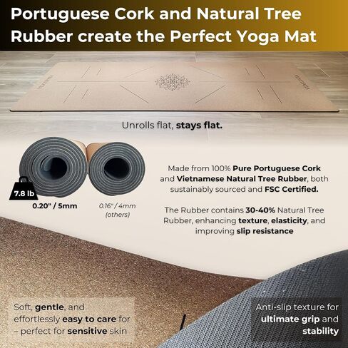 Cork Yoga Mat - 72 "× 26" لا تنحدر من اليوغا مع FSC مع مصدقة من الفلين البرتغالي والقاعدة المطاطية الطبيعية - حصيرة ساخنة سميكة 5 مم للمنزل والاستوديو - ملحقات اليوغا لجميع المستويات in Saudi Arabia