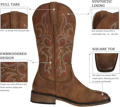 J's.o.l.e Womens Square Toe Cowgirl Cowboy Boots Mid Calf with Chunky Heel Retro Embroidery Western Boots in Saudi Arabia