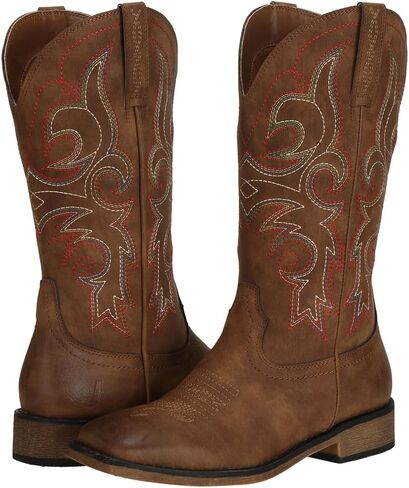 J's.o.l.e Womens Square Toe Cowgirl Cowboy Boots Mid Calf with Chunky Heel Retro Embroidery Western Boots in Saudi Arabia