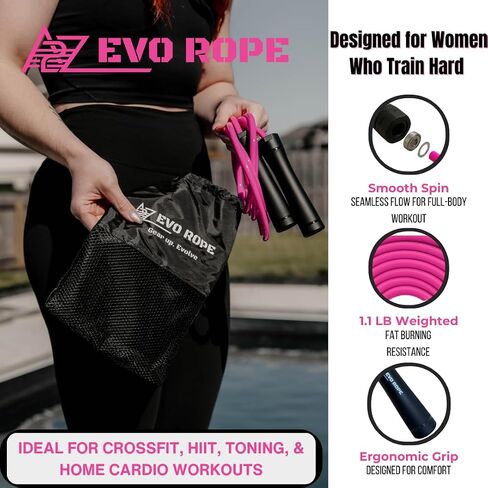 EVO Rope | Premium Weighted Jump Rope for Women – 1.1 lb, 10mm Heavy-Duty Fitness Rope for Full-Body Sculpting, Cardio & Fat Burn | Quick-Adjust Design Fits All Heights | Perfect for HIIT, CrossFit, Boxing, MMA, Muay Thai & Home Workouts | Includes Mesh C in Saudi Arabia
