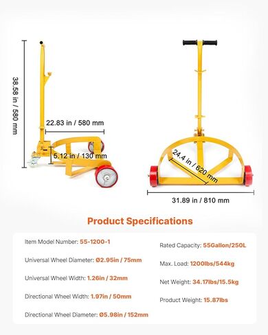 VEVOR 55 Gallon Drum Dolly, 1,200 Pounds Capacity Oil Drum Cart with 3 Smooth-Rolling Wheels and Labor-Saving Handle, Heavy Duty Q235 Steel Barrel Drum Dollies for Garages Warehouse Workshop in Saudi Arabia