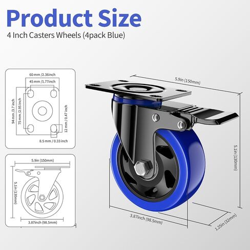 4 Inch Caster Wheels, Casters Set of 4 Heavy Duty, Locking Swivel Casters with Brake, Industrial Plate Casters Wheels Include Free Hardware Kits for Workbench, Furniture, Cart in Kuwait