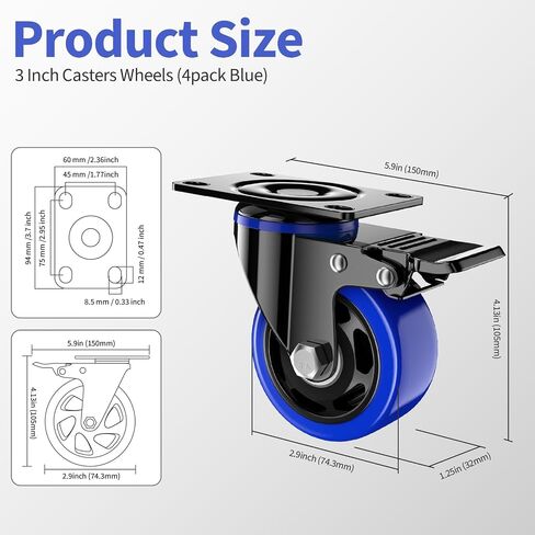 4 Inch Caster Wheels, Casters Set of 4 Heavy Duty, Locking Swivel Casters with Brake, Industrial Plate Casters Wheels Include Free Hardware Kits for Workbench, Furniture, Cart in Kuwait