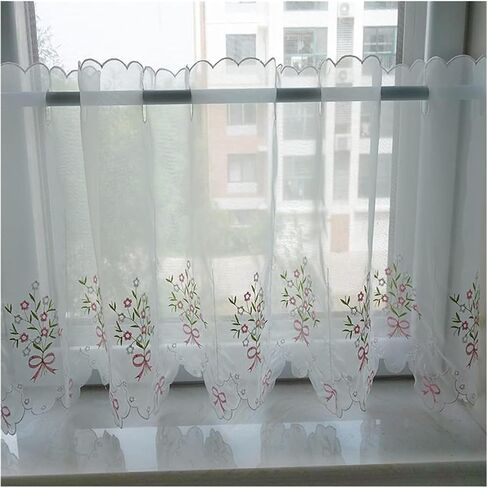 Window Curtain,Valance Curtains Sheer Valance Curtain,Window Curtains,Pastoral Style Floral Embroidered Cafe Curtain, Short Sheer Valance Curtains Kitchen Half(42 * 230cm) in Saudi Arabia