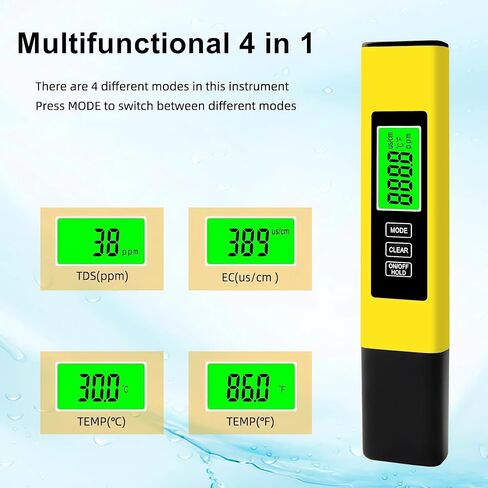 اختبار جودة المياه الرقمي TDS Meter ، مقياس درجة الحرارة ومقياس درجة الحرارة 4 في 1 ، لمياه شرب نظام RO-RODI ، اختبار جودة المياه 0-9990 جزء في المليون ، زيادات 1 جزء في المليون （أصفر） in Saudi Arabia
