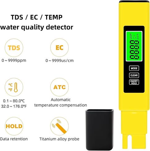 اختبار جودة المياه الرقمي TDS Meter ، مقياس درجة الحرارة ومقياس درجة الحرارة 4 في 1 ، لمياه شرب نظام RO-RODI ، اختبار جودة المياه 0-9990 جزء في المليون ، زيادات 1 جزء في المليون （أصفر） in Saudi Arabia
