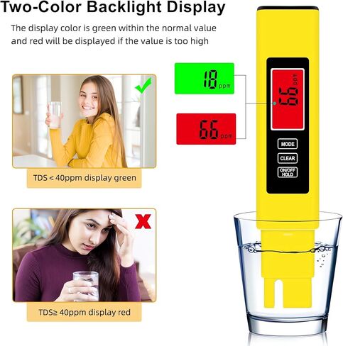 اختبار جودة المياه الرقمي TDS Meter ، مقياس درجة الحرارة ومقياس درجة الحرارة 4 في 1 ، لمياه شرب نظام RO-RODI ، اختبار جودة المياه 0-9990 جزء في المليون ، زيادات 1 جزء في المليون （أصفر） in Saudi Arabia