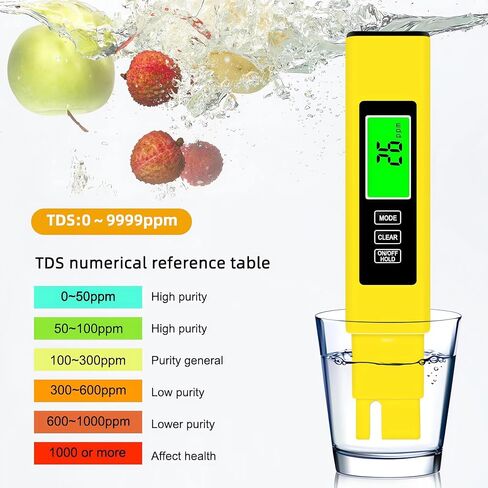 اختبار جودة المياه الرقمي TDS Meter ، مقياس درجة الحرارة ومقياس درجة الحرارة 4 في 1 ، لمياه شرب نظام RO-RODI ، اختبار جودة المياه 0-9990 جزء في المليون ، زيادات 1 جزء في المليون （أصفر） in Saudi Arabia