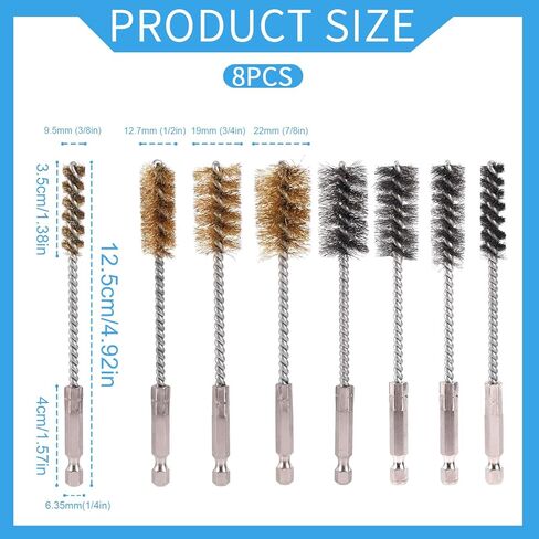 4pcs Brass Wire Brushes & 4pcs Stainless Steel Bore Brush, Twisted Wire Cleaning Tools with 1/4" Hex Shank for Power Drill Impact Driver & Tube Cleaning, 3/8'' 1/2'' 3/4'' 7/8'' Diameter in Saudi Arabia