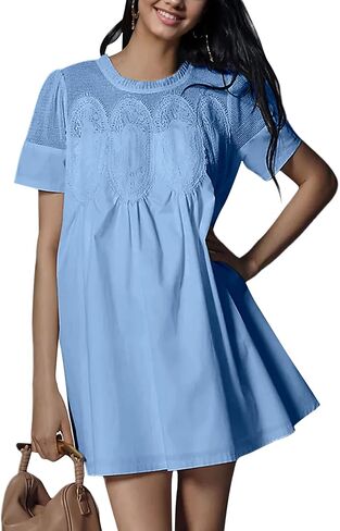 Womens Summer Lace Mini Babydoll Dress Ruffled Collar Short Sleeve Loose Mesh Swing Elegant Flared Sundress(102-002) in Kuwait