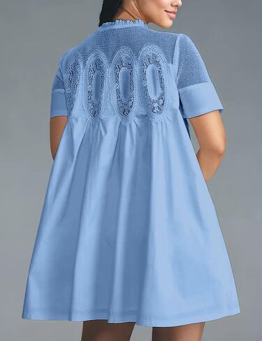 Womens Summer Lace Mini Babydoll Dress Ruffled Collar Short Sleeve Loose Mesh Swing Elegant Flared Sundress(102-002) in Kuwait