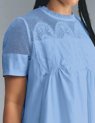Womens Summer Lace Mini Babydoll Dress Ruffled Collar Short Sleeve Loose Mesh Swing Elegant Flared Sundress(102-002) in Kuwait