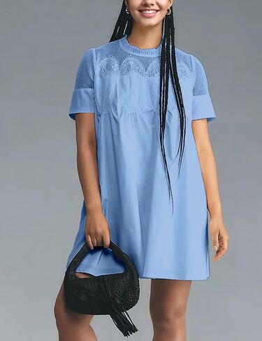 Womens Summer Lace Mini Babydoll Dress Ruffled Collar Short Sleeve Loose Mesh Swing Elegant Flared Sundress(102-002) in Kuwait