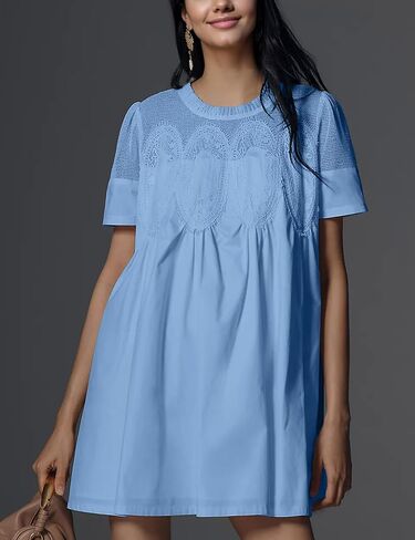 Womens Summer Lace Mini Babydoll Dress Ruffled Collar Short Sleeve Loose Mesh Swing Elegant Flared Sundress(102-002) in Kuwait