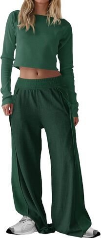 Fisoew Womens 2 Piece Sets Casual Off The Shoulder Long Sleeve Crop Tops Wide Leg Pants Tracksuit Lounge Travel Outfits in Saudi Arabia