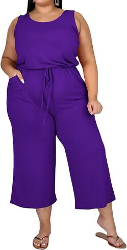 TOPSRANI Womens Plus Size 2 Piece Outfits Sweatsuits Casual Tracksuit Sleeveless Baggy Wide Leg Long Crop Pants Sets in Kuwait