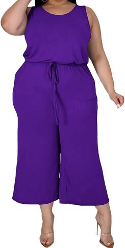 TOPSRANI Womens Plus Size 2 Piece Outfits Sweatsuits Casual Tracksuit Sleeveless Baggy Wide Leg Long Crop Pants Sets in Kuwait