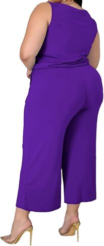 TOPSRANI Womens Plus Size 2 Piece Outfits Sweatsuits Casual Tracksuit Sleeveless Baggy Wide Leg Long Crop Pants Sets in Kuwait