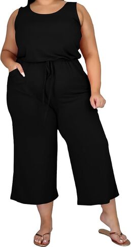 TOPSRANI Womens Plus Size 2 Piece Outfits Sweatsuits Casual Tracksuit Sleeveless Baggy Wide Leg Long Crop Pants Sets in Kuwait