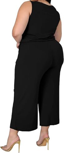 TOPSRANI Womens Plus Size 2 Piece Outfits Sweatsuits Casual Tracksuit Sleeveless Baggy Wide Leg Long Crop Pants Sets in Kuwait
