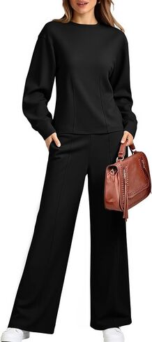 Yousify Womens Trendy Sweatsuits Crewneck Sweatshirts 2 Piece Outfits Seam Wide Leg Pants Lounge Sets in Saudi Arabia