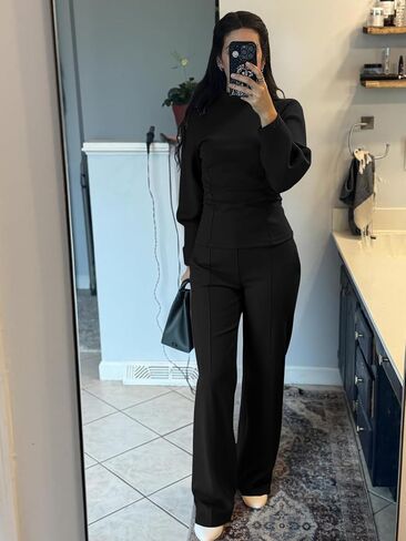 Yousify Womens Trendy Sweatsuits Crewneck Sweatshirts 2 Piece Outfits Seam Wide Leg Pants Lounge Sets in Saudi Arabia