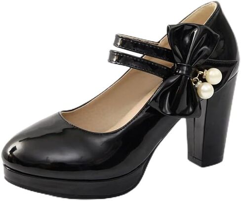 ForeMode Bow Mary Jane Shoes High Heels Closed Round Toe Pumps Leather Summer Sweet Shoe in Saudi Arabia