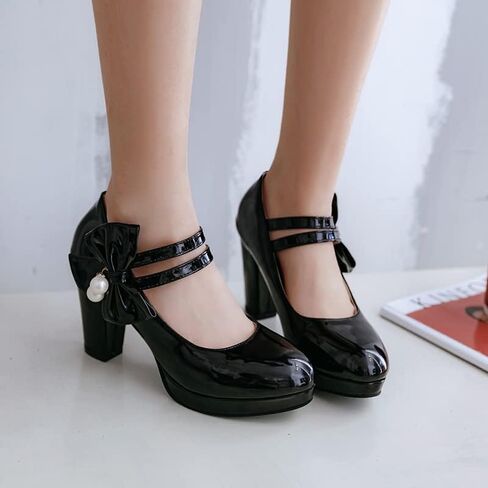 ForeMode Bow Mary Jane Shoes High Heels Closed Round Toe Pumps Leather Summer Sweet Shoe in Saudi Arabia