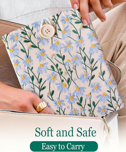 Embroidered Fabric Sleeve for iPad Pro 11, iPad Air 10.9, Boox Nova Air C, Kobo Sage, Hardcover Books – Padded Cover for Large Tablets & E-Readers, Handcrafted - White & Beige Daisy in Saudi Arabia