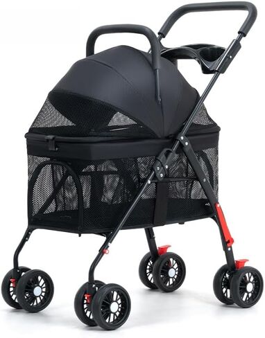 Pet Stroller with 3 Wheels, Stroller for Small/Medium Dogs Cats, One-Touch Folding, Lightweight, Cup Holder+Storage Basket, Removable Liner, Safety Tether (Black) in Saudi Arabia