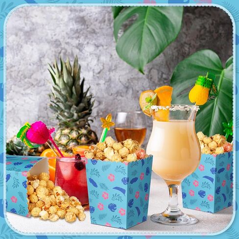 Zhehao 50 Pcs Blue and Pink Cartoon Popcorn Boxes Mini Palm Leaves Hawaiian Popcorn Cup Paper Holder Tropical Luau Party Favor for Summer Birthday Party Favor Supplies Decorations in Saudi Arabia