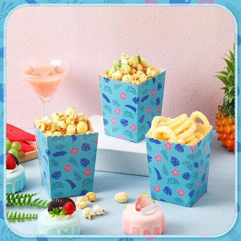 Zhehao 50 Pcs Blue and Pink Cartoon Popcorn Boxes Mini Palm Leaves Hawaiian Popcorn Cup Paper Holder Tropical Luau Party Favor for Summer Birthday Party Favor Supplies Decorations in Saudi Arabia