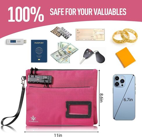 Lockable Money Bag - 11x8.6 Inch Durable Nylon Bank Pouch Travel Organizer for Passport, Cash, Medicine, Notary Supplies & Valuables (Rose Red) in Saudi Arabia