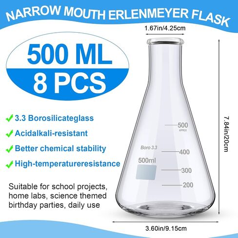 8 PCS 500 ML Glass Erlenmeyer Flask الضيقة الفم Erlenmeyer Flask Borosilicate Glass قياس دورق مخروطية مع مقياس لمشاريع المدارس المختبرية في العلوم الطرفية الاستخدام اليومي in Saudi Arabia