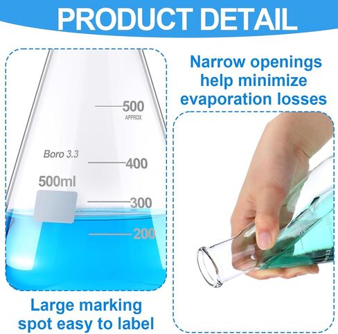 8 PCS 500 ML Glass Erlenmeyer Flask الضيقة الفم Erlenmeyer Flask Borosilicate Glass قياس دورق مخروطية مع مقياس لمشاريع المدارس المختبرية في العلوم الطرفية الاستخدام اليومي in Saudi Arabia