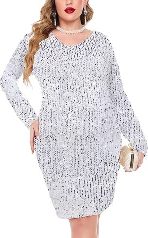 IN'VOLAND Womens Sequin Dress Plus Size Sexy V Neck Party Cocktail Sparkle Glitter Long Sleeve Bodycon Mini Dresses in Saudi Arabia