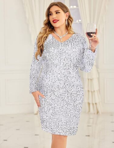 IN'VOLAND Womens Sequin Dress Plus Size Sexy V Neck Party Cocktail Sparkle Glitter Long Sleeve Bodycon Mini Dresses in Saudi Arabia