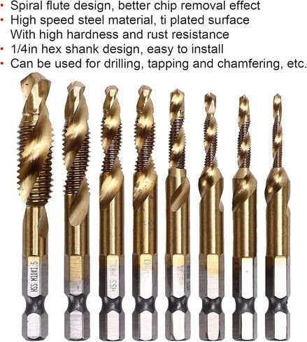 Ymiko Drill Tap Set, 8Pcs Spiral Flute Tap Metric Set 1/4in Hex Shank Combination Screw Tapping Bit Drilling Chamfering Tool in Saudi Arabia
