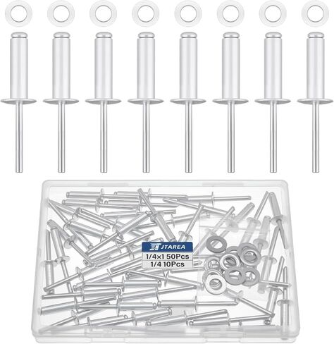 60pcs 1/4" x 1/2" Silver Aluminum Pop Rivets with Stainless Steel Washers 6.4 x 12.7mm Blind Rivet Assortment Kit in Saudi Arabia