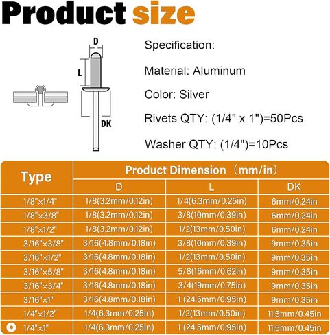 60pcs 1/4" x 1/2" Silver Aluminum Pop Rivets with Stainless Steel Washers 6.4 x 12.7mm Blind Rivet Assortment Kit in Saudi Arabia