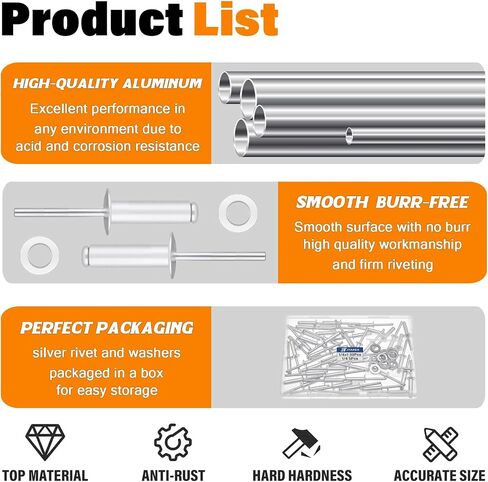 60pcs 1/4" x 1/2" Silver Aluminum Pop Rivets with Stainless Steel Washers 6.4 x 12.7mm Blind Rivet Assortment Kit in Saudi Arabia