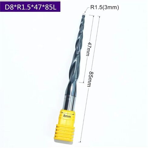 HRC55 Solid Carbide D8*R1.5 * 47 * 85L TiALN Coated Taper Ball Nose End Mill,Cone milling Cutter,Spherical Woodworking Router bit(10PCS) in Kuwait