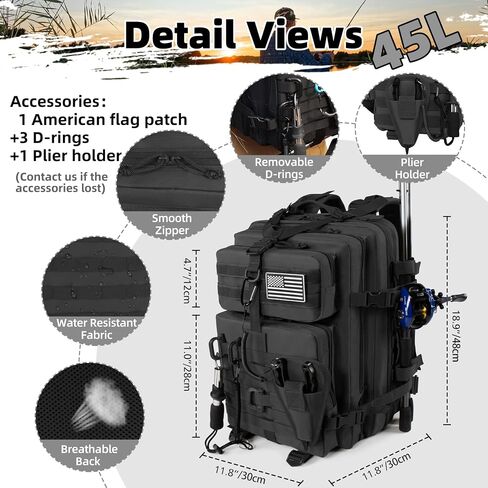 45l Large Fishing Tackle Backpack with Removable Plier Holder & Rod Holders, Green Tactical Bag, Fishing Gear and Tackle Box Organizer, Hiking Rucksack without Tackle Box in Saudi Arabia