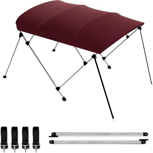BIMINI BOAT TOP COVER SUN SUNGE 3-4 BOY BOAT CANOPY تشمل 4 أحزمة 2 من الأشرطة الدعم الخلفي أقطاب متزايدة تخزين الصلابة مع إطار 1 "من الألومنيوم (بورغوندي ، 4 Bow 8'l x 54" H x 85 "-90" W) in Kuwait