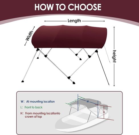 BIMINI BOAT TOP COVER SUN SUNGE 3-4 BOY BOAT CANOPY تشمل 4 أحزمة 2 من الأشرطة الدعم الخلفي أقطاب متزايدة تخزين الصلابة مع إطار 1 "من الألومنيوم (بورغوندي ، 4 Bow 8'l x 54" H x 85 "-90" W) in Kuwait