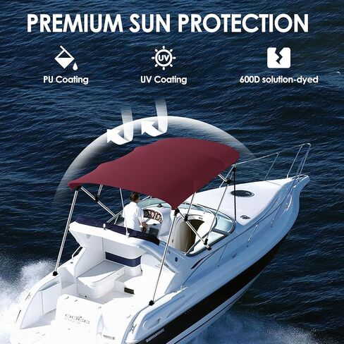BIMINI BOAT TOP COVER SUN SUNGE 3-4 BOY BOAT CANOPY تشمل 4 أحزمة 2 من الأشرطة الدعم الخلفي أقطاب متزايدة تخزين الصلابة مع إطار 1 "من الألومنيوم (بورغوندي ، 4 Bow 8'l x 54" H x 85 "-90" W) in Kuwait