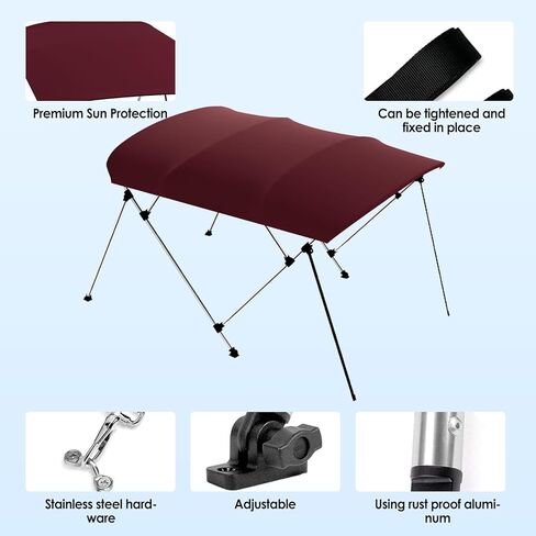 BIMINI BOAT TOP COVER SUN SUNGE 3-4 BOY BOAT CANOPY تشمل 4 أحزمة 2 من الأشرطة الدعم الخلفي أقطاب متزايدة تخزين الصلابة مع إطار 1 "من الألومنيوم (بورغوندي ، 4 Bow 8'l x 54" H x 85 "-90" W) in Kuwait