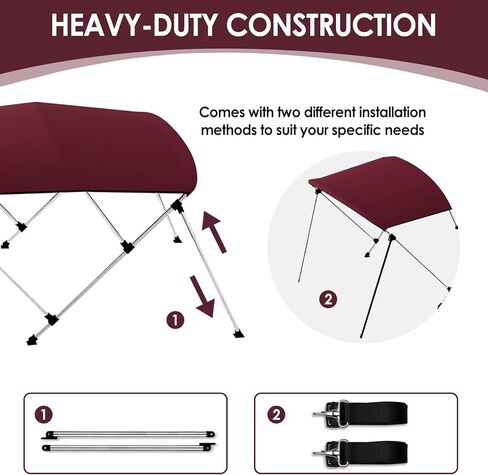 BIMINI BOAT TOP COVER SUN SUNGE 3-4 BOY BOAT CANOPY تشمل 4 أحزمة 2 من الأشرطة الدعم الخلفي أقطاب متزايدة تخزين الصلابة مع إطار 1 "من الألومنيوم (بورغوندي ، 4 Bow 8'l x 54" H x 85 "-90" W) in Kuwait